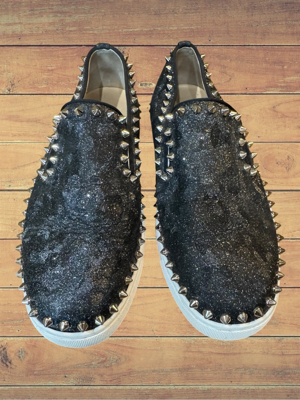 Christian Louboutin Authentic Pik Boat Spiked Black Glitter Slip On Sneakers - Picture 7 of 16